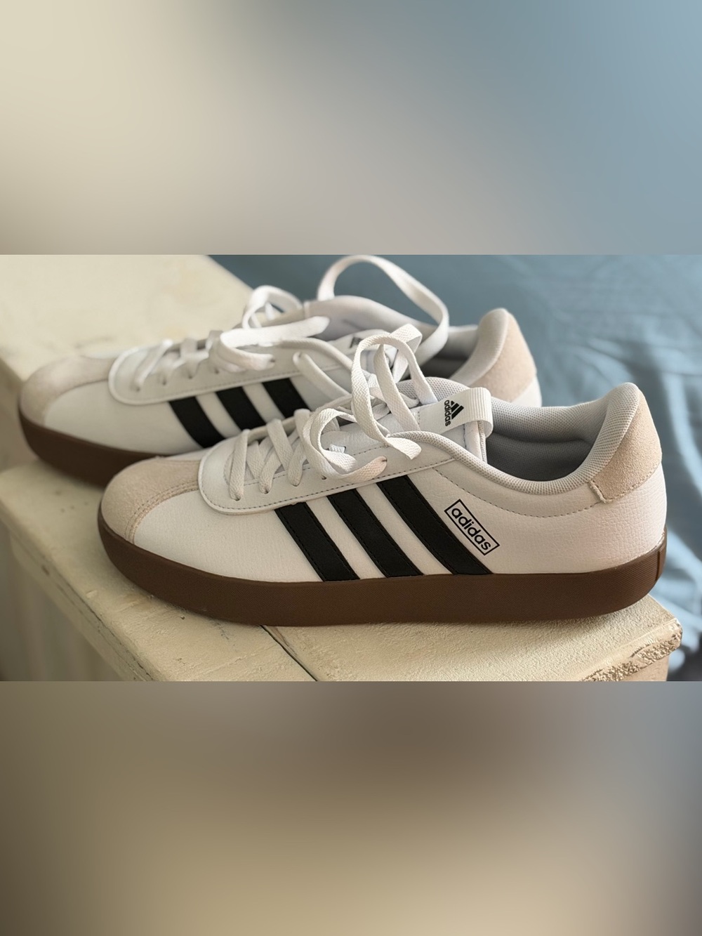 Adidas Women’s VL Court 3.0 White and Black Low-Top Sneakers with Brown Gum Sole